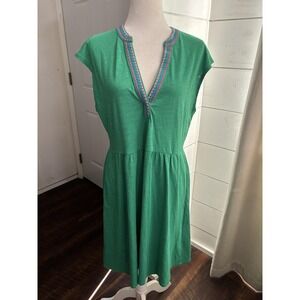 Boden Dress Womens 10 Green Embroidered Neck Short Sleeve Cotton Tencel Knit